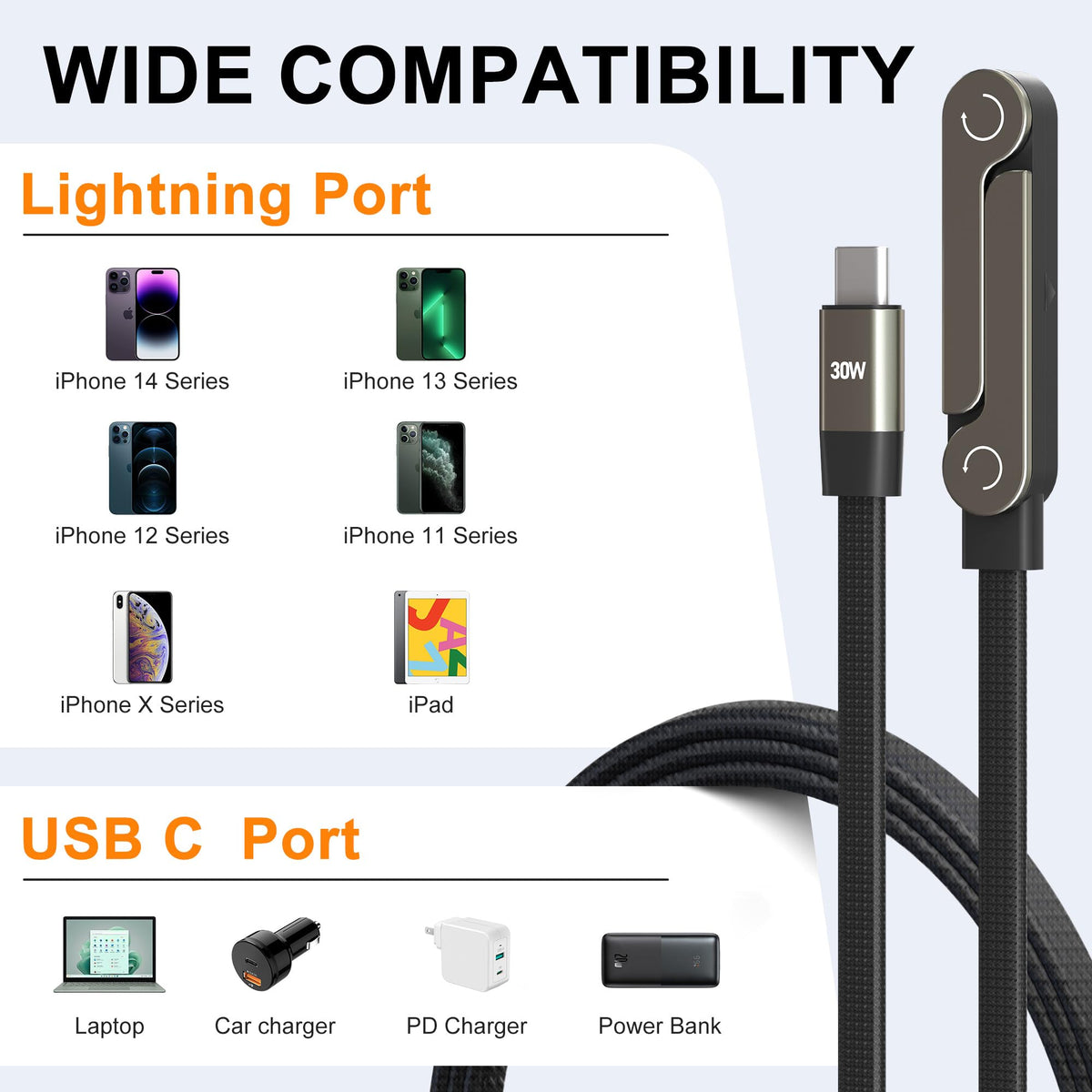 KETAKY Plus 2-in-1 Invisible Holder Charger Cable, 30W PD Fast Charging Sideways Cord with Built-in Phone Stand, 90 Degree USB-C to Lightning Cable for iPhone 14/13/12/11/X/XR, iPad (2Pack)