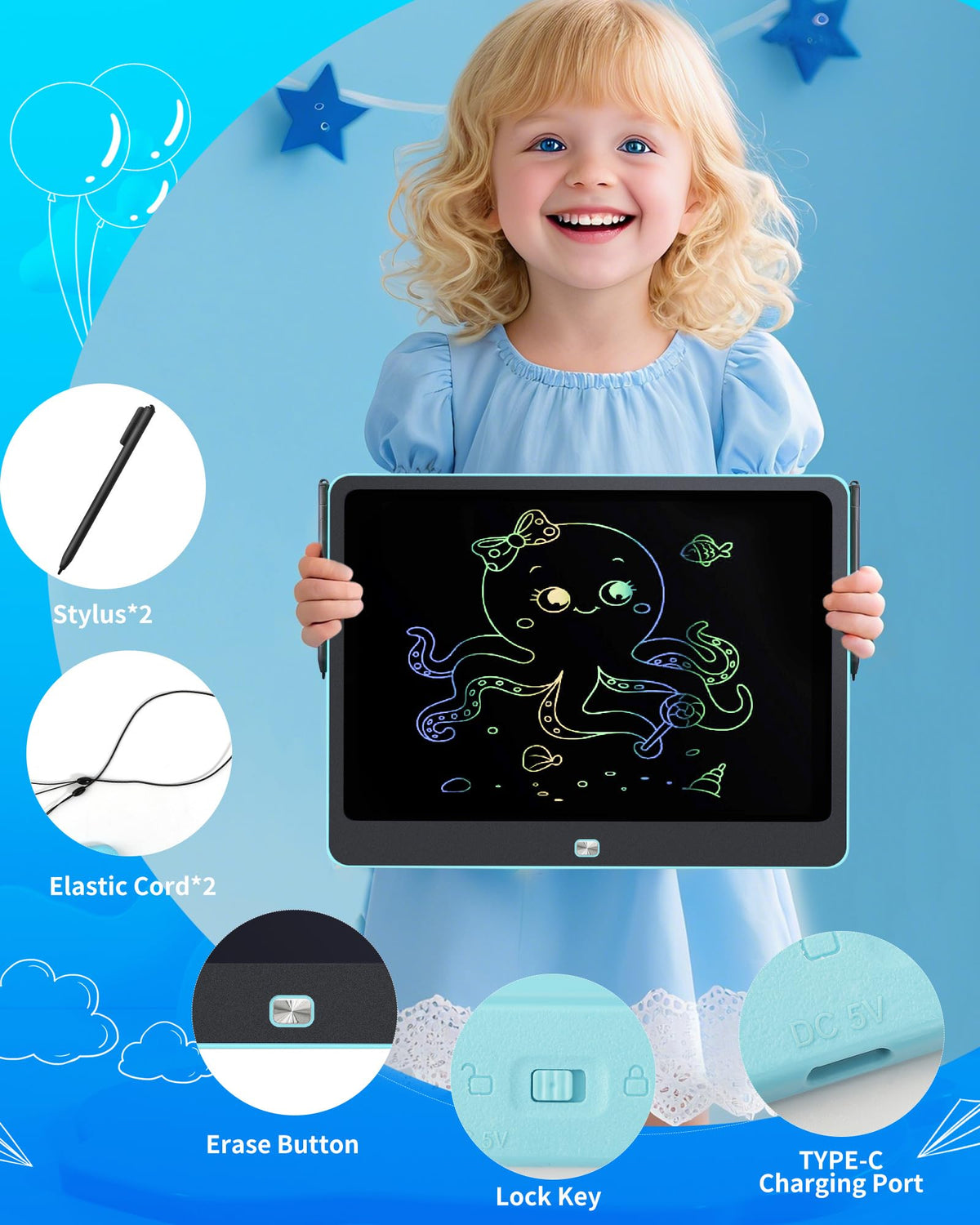 Pizarra LCD recargable de 16 pulgadas para niños