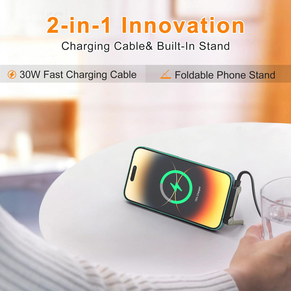 KETAKY Plus 2-in-1 Invisible Holder Charger Cable, 30W PD Fast Charging Sideways Cord with Built-in Phone Stand, 90 Degree USB-C to Lightning Cable for iPhone 14/13/12/11/X/XR, iPad (2Pack)