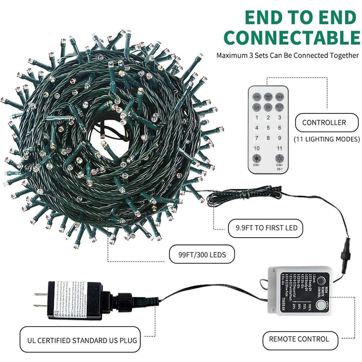 Luces navideñas MZD8391, 300 LED con control