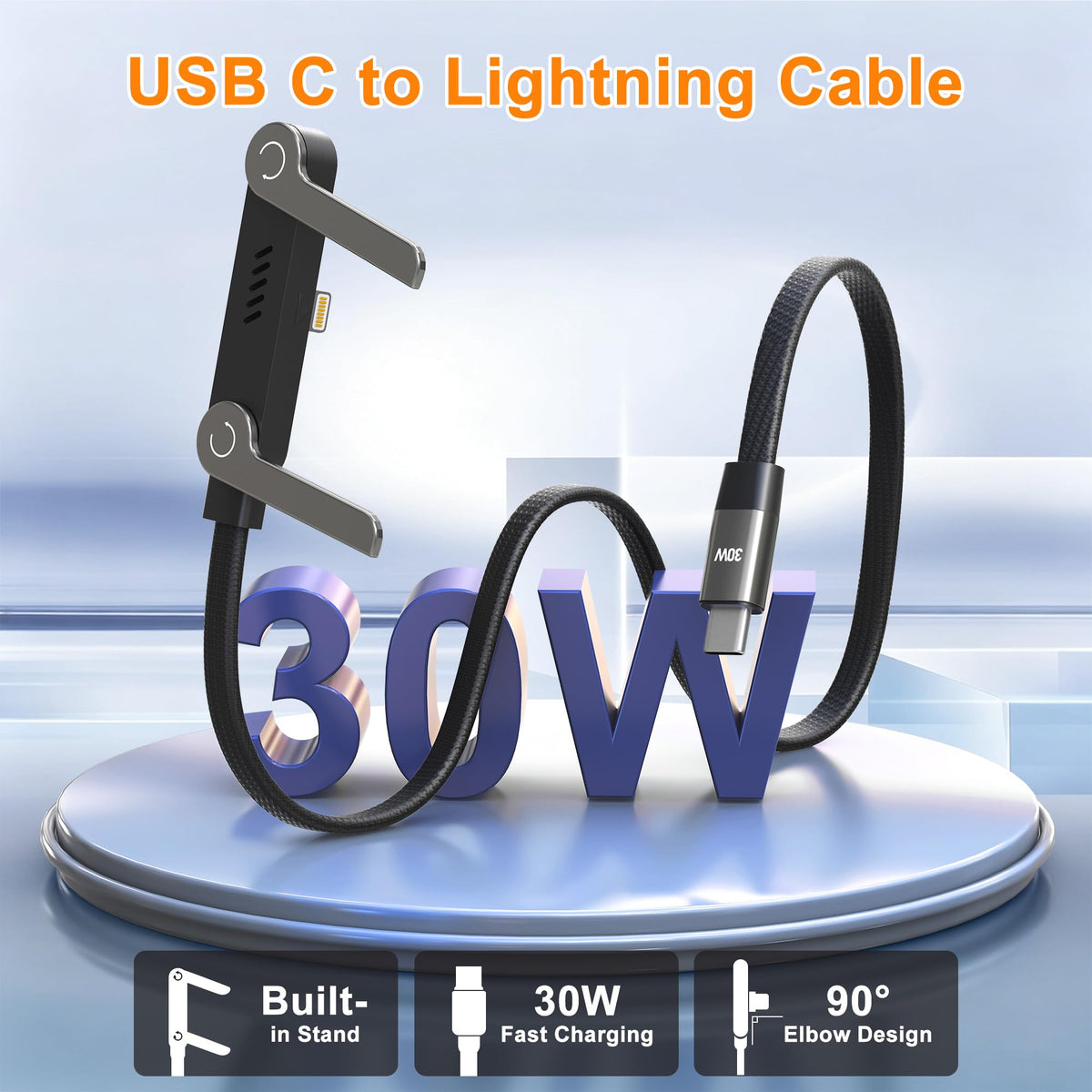 Cable negro USB-C a Lightning con soporte plegable para celular y conector en ángulo de 90°, anunciado en la imagen con carga rápida de 30 W