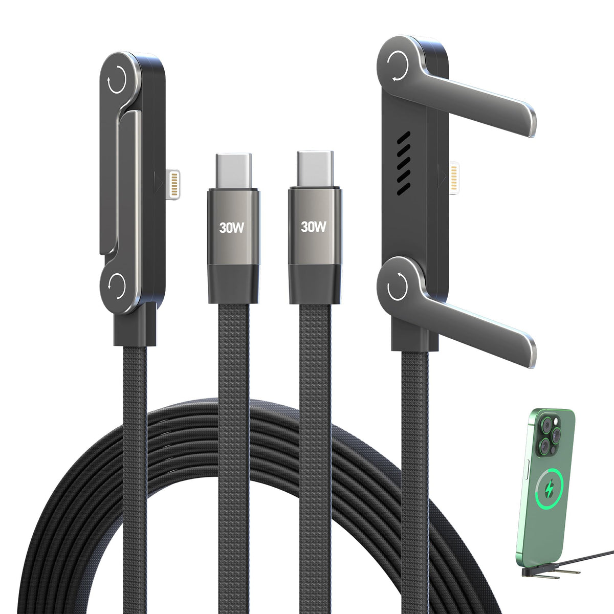 Cable de carga negro con soporte plegable para celular, mostrado abierto y cerrado, y conectores con la indicación 30 W.